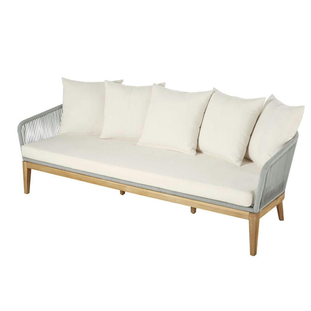 Vera Cruz - Canapé de jardin 3 places en corde tressée grise et toile blanche recyclée