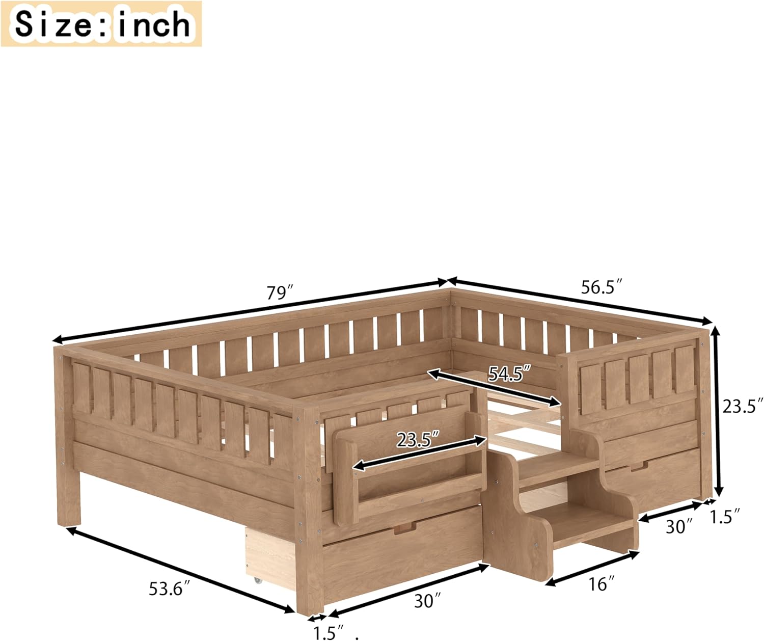 Bellemave Full Size Bed with Slats and Stairs, Full Size Platform Bed Frame with Fence, Bookshelf and Storage Drawers, Easy Assemble Beds for Kids, Girls, Boys, Natural