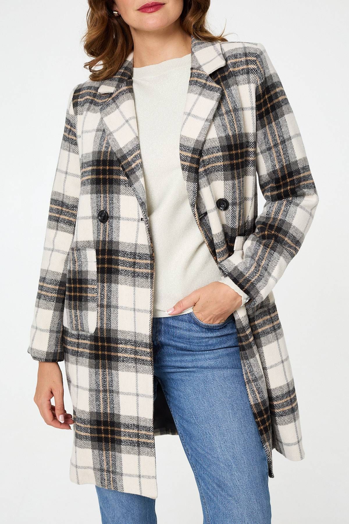 Izabel London Checked Double Breasted Longline Coat
