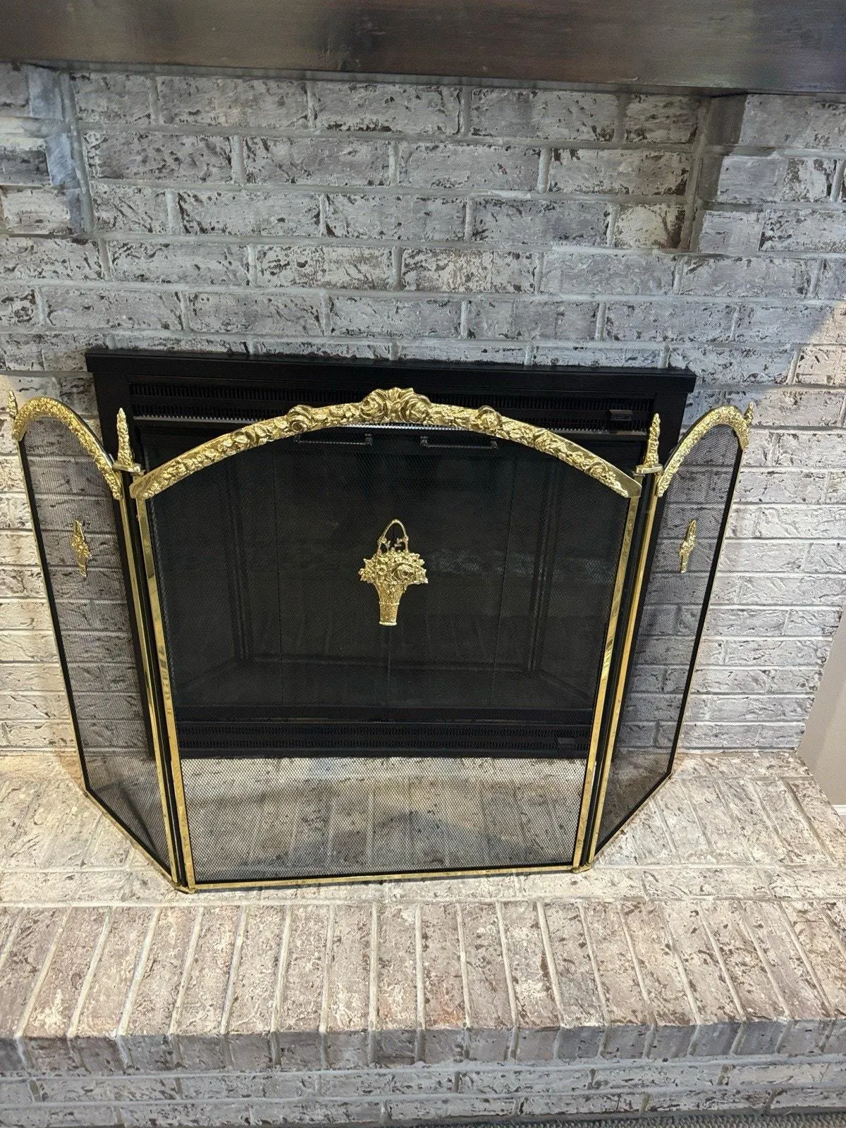 French Style 3-Panel Fireplace Screen Ornate Brass & Black Mesh 51x33”