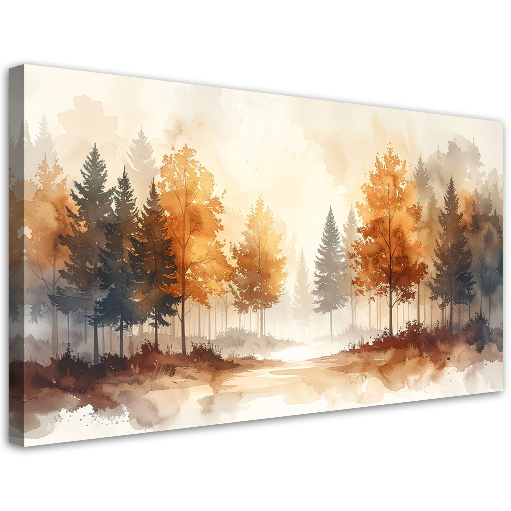 Obraz do salonu sypialni, Jesienny Beżowy Las Akwarelowy Leśny 80x40