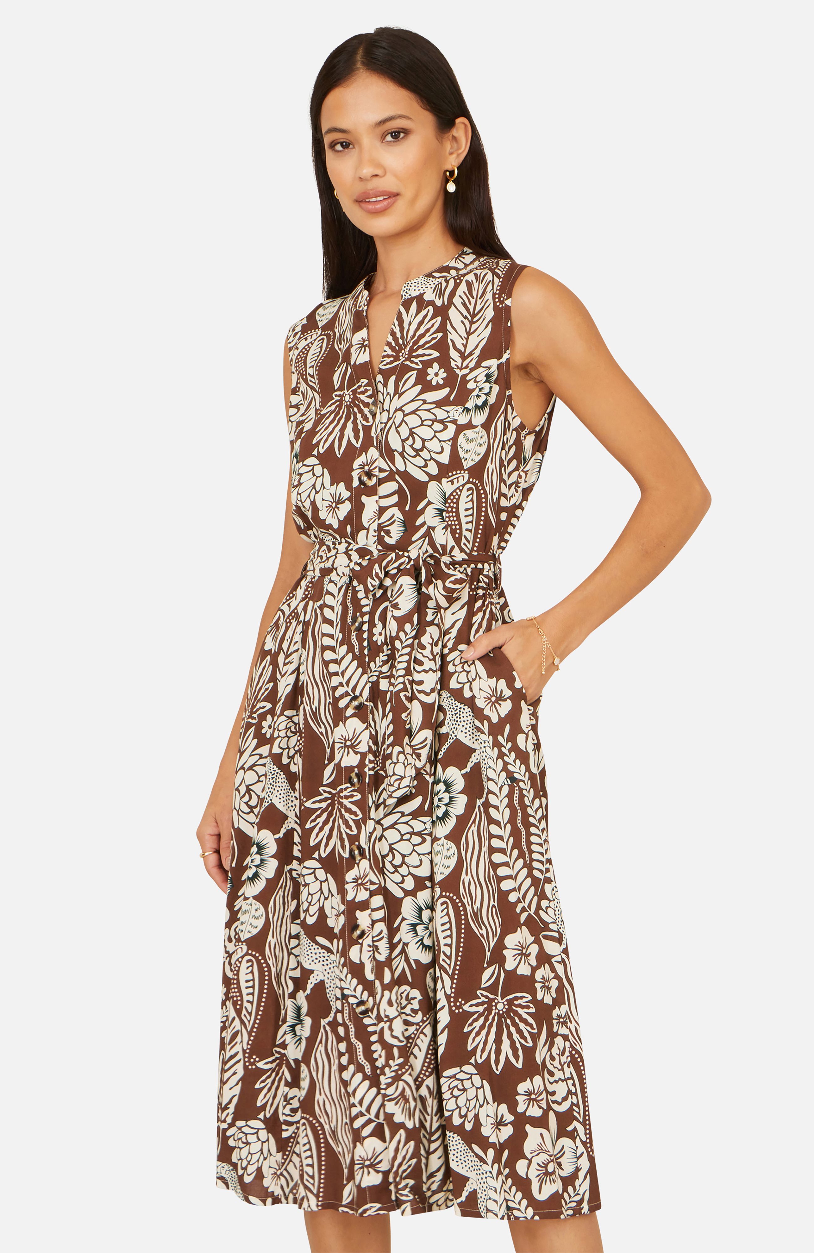Yumi Brown Leaf Print Shirtdress