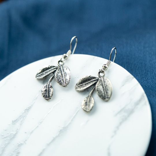 The Colourful Aura Oxidised Silver Three Filigree Leaf Drop Earrings