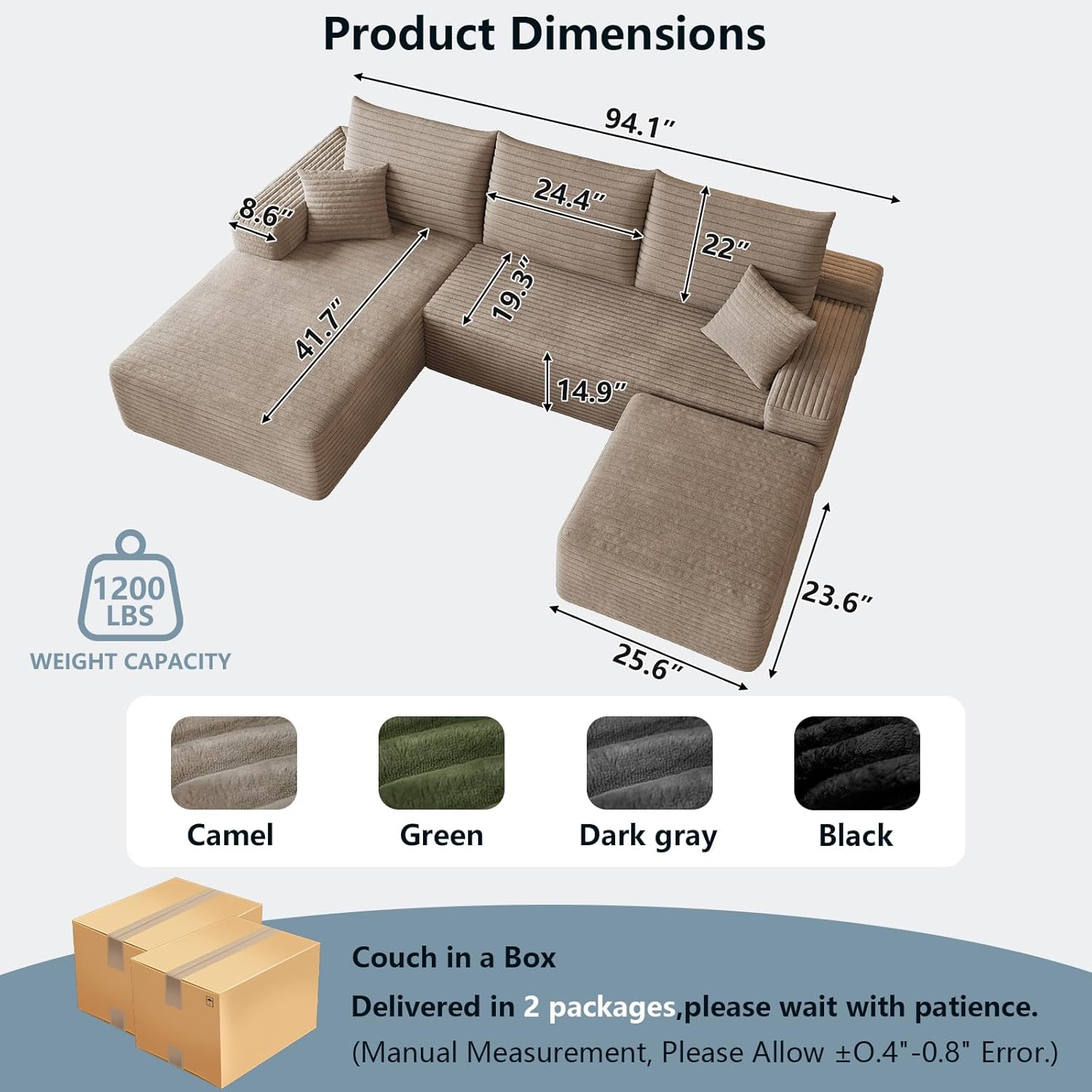 95 Cloud Sectional Couch with Ottoman,Modern U-Shaped Cloud Couch with Deep Seat,Comfy Corduroy 3-Seater Sofa,Memory Foam Sofa for Living Room,No Assembly (Camel,Left-Facing Chaise)