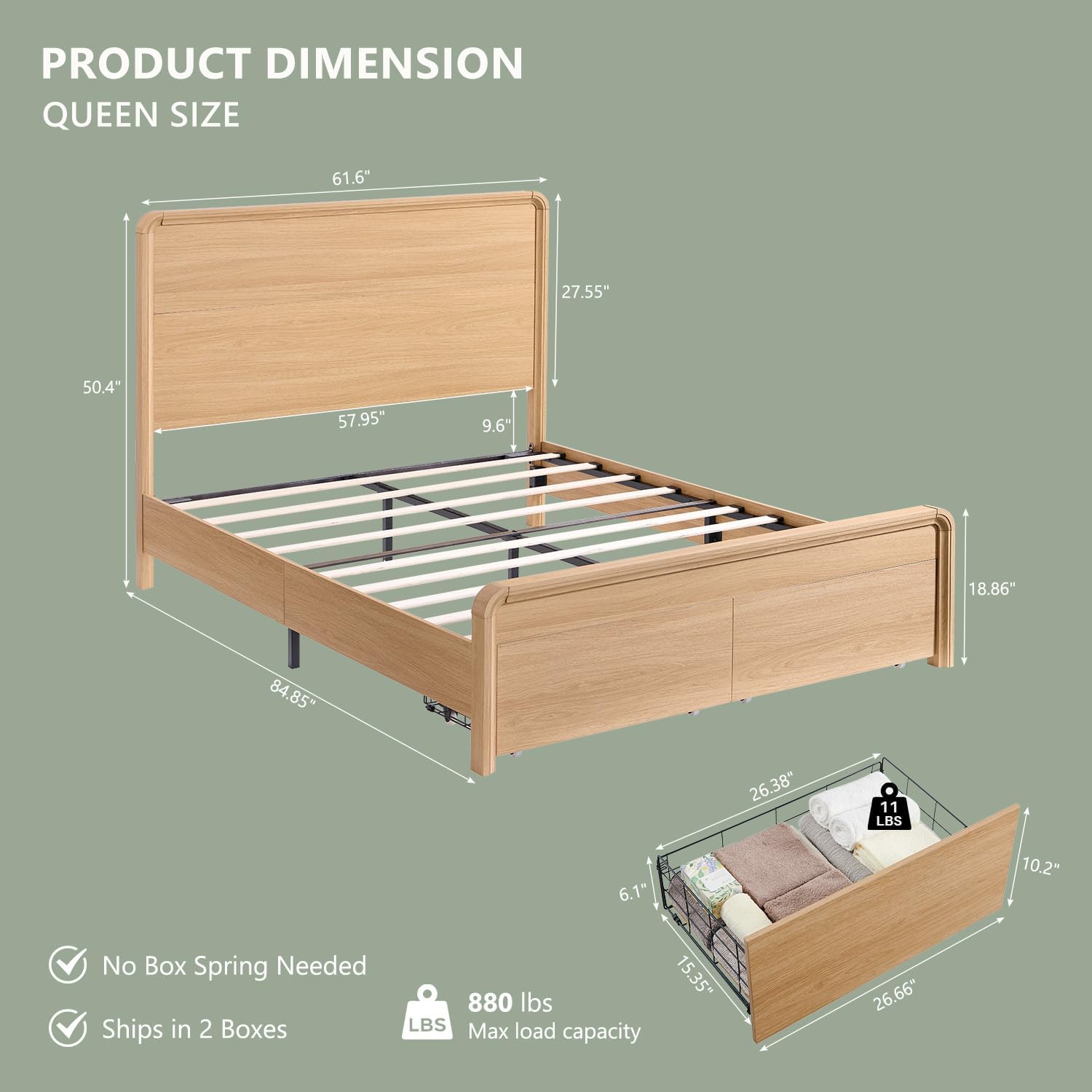 Modern Queen Size Bed Frame with 50 Tall Headboard, Wood Queen Size Platform Bed Frame w/3 Storage Drawers, Curved Profile Design, No Box Spring Needed, Easy Assembly, Noise Free, Natural Oak