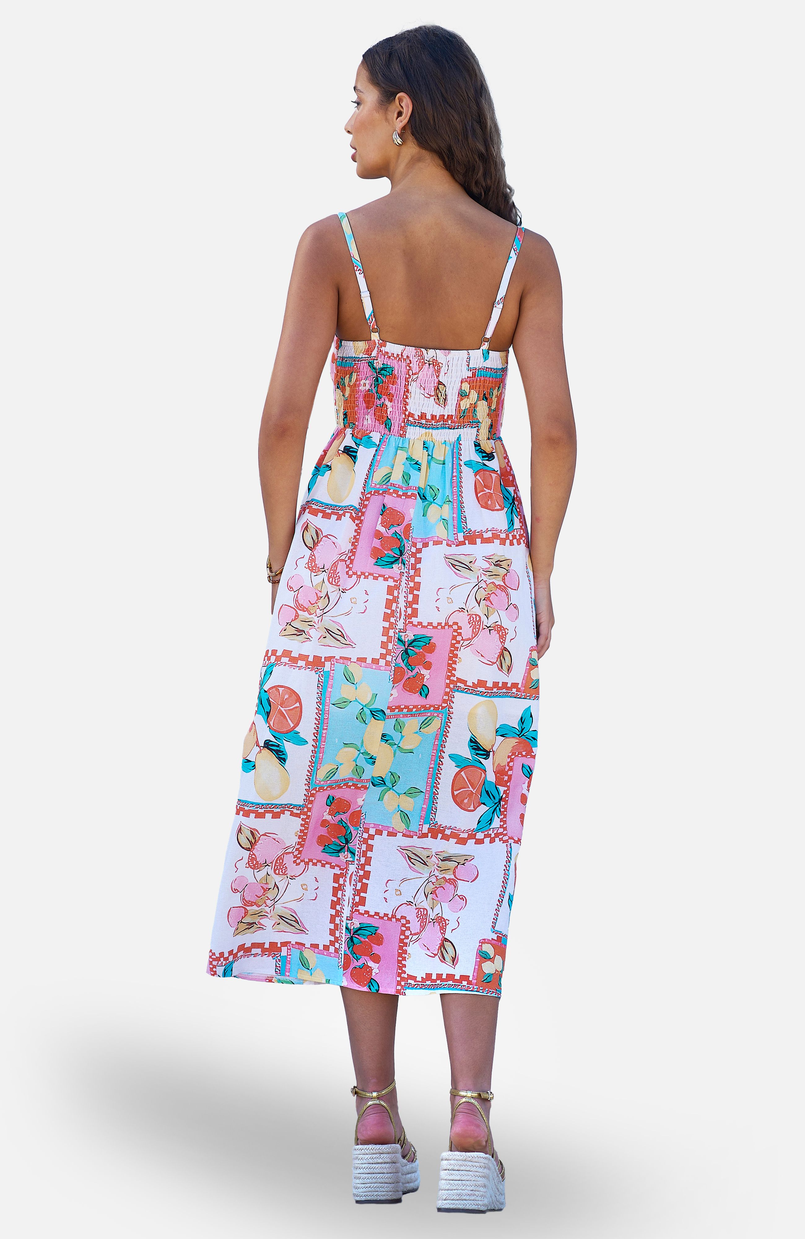 Yumi Multicolour Fruit Print Midi Sun Dress Ruched Back