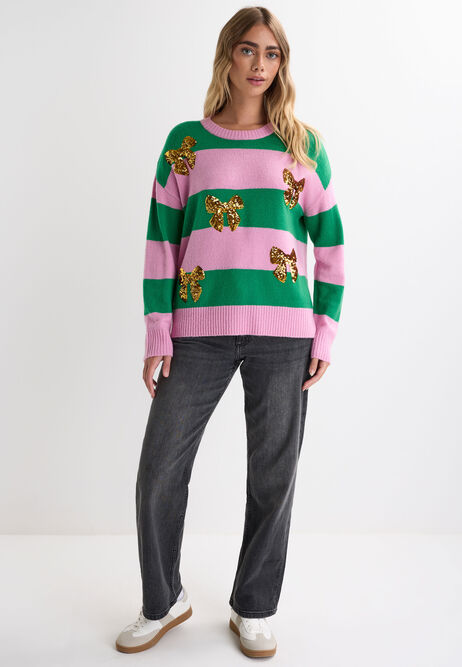 Womens Green Stripe Sequin Bow Christmas Jumper