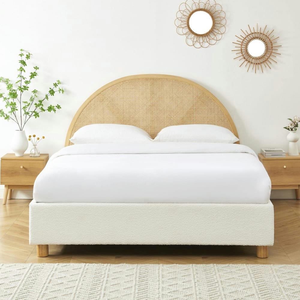 TAJUR - Lit coffre en tissu bouclette et cannage 160x200cm ecru