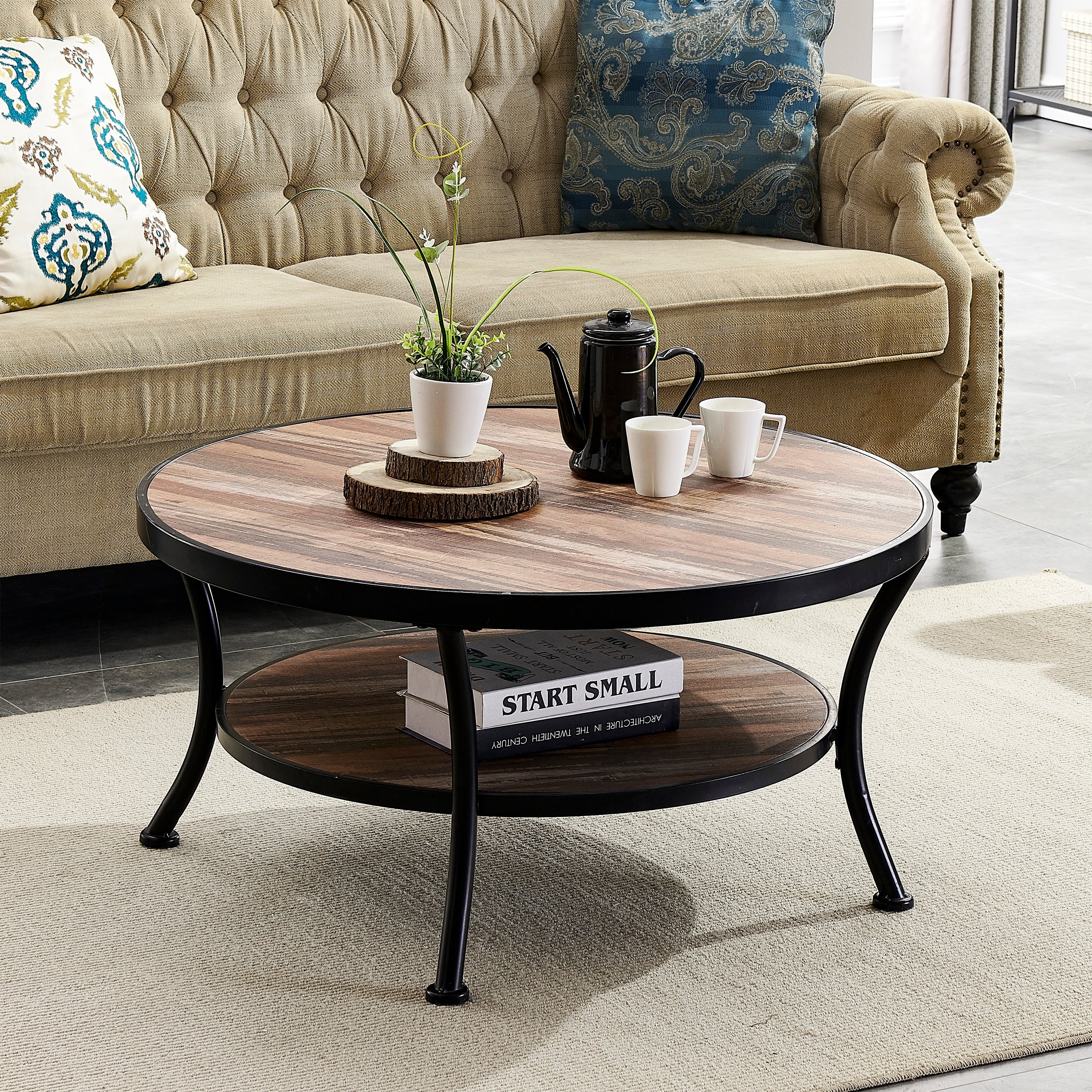 Myhozm Industrial Round Metal Coffee Table with Shelf for Living Room,Home Office and Bedroom