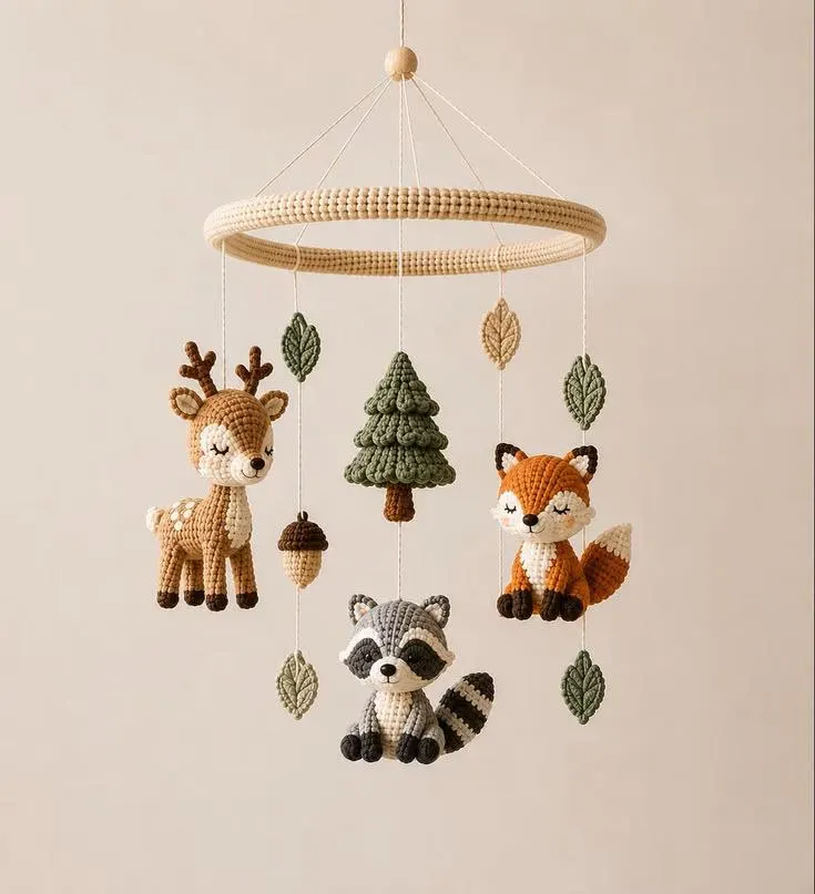 Handmade Crochet Woodland Baby Mobile, Fox Deer Raccoon Nursery Decor