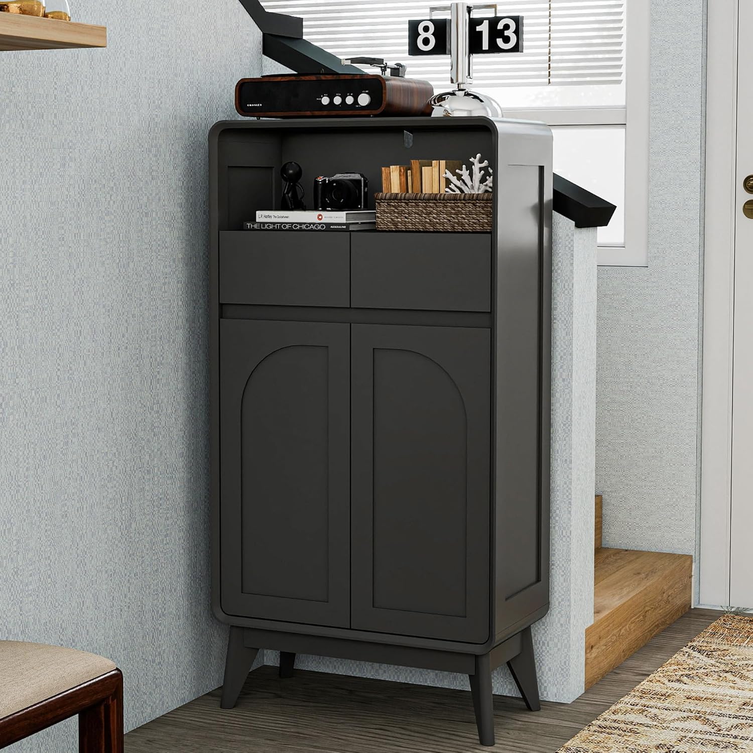 Bathroom Storage Cabinet, Tall Kitchen Storage Cabinet with Drawers and Shelves, Corner Coffee Bar Table Freestanding Sideboard for Living Room, Entryway, Black