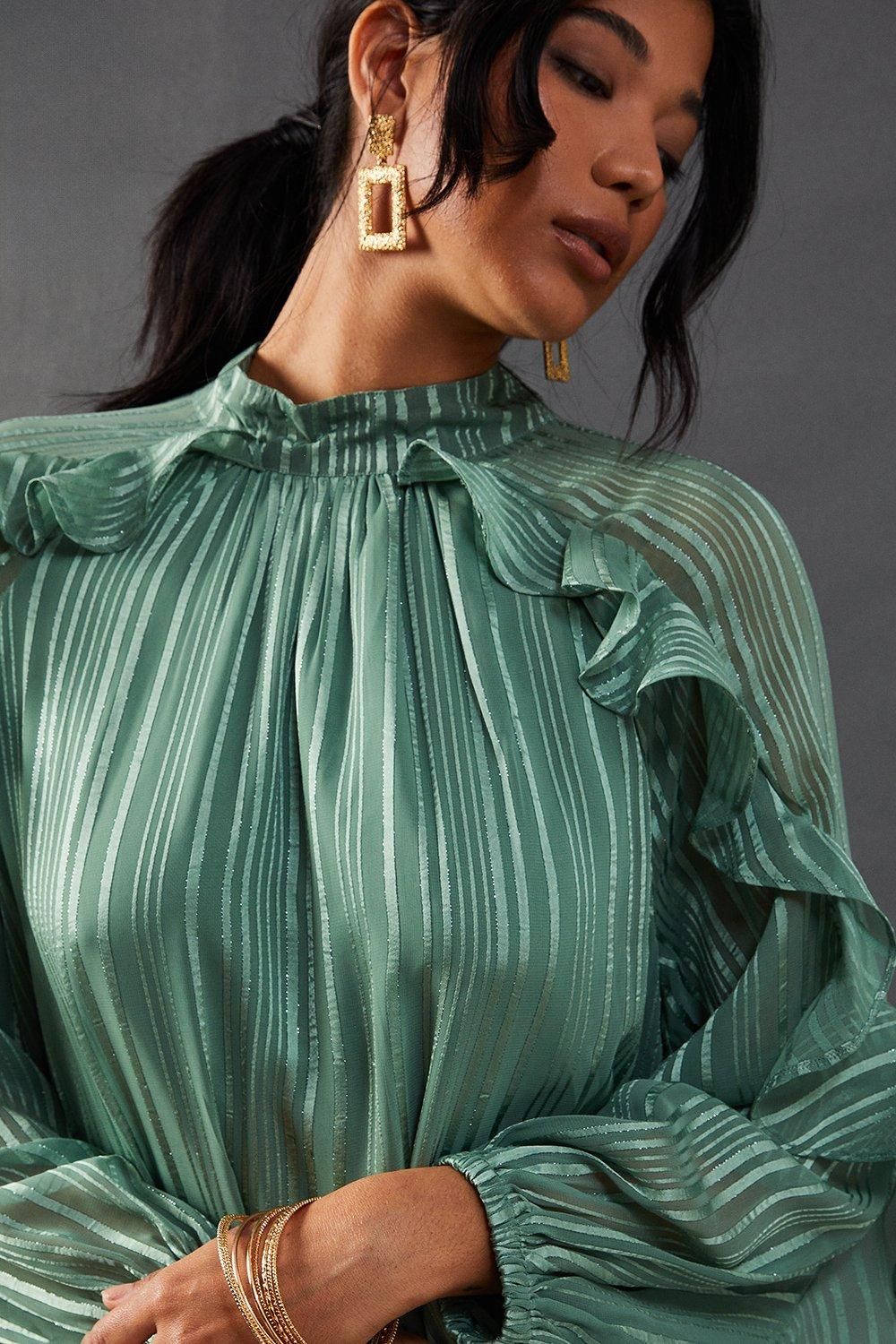 Warehouse Shadow Stripe Tie Back Neck Ruffle Tier Midi Dress