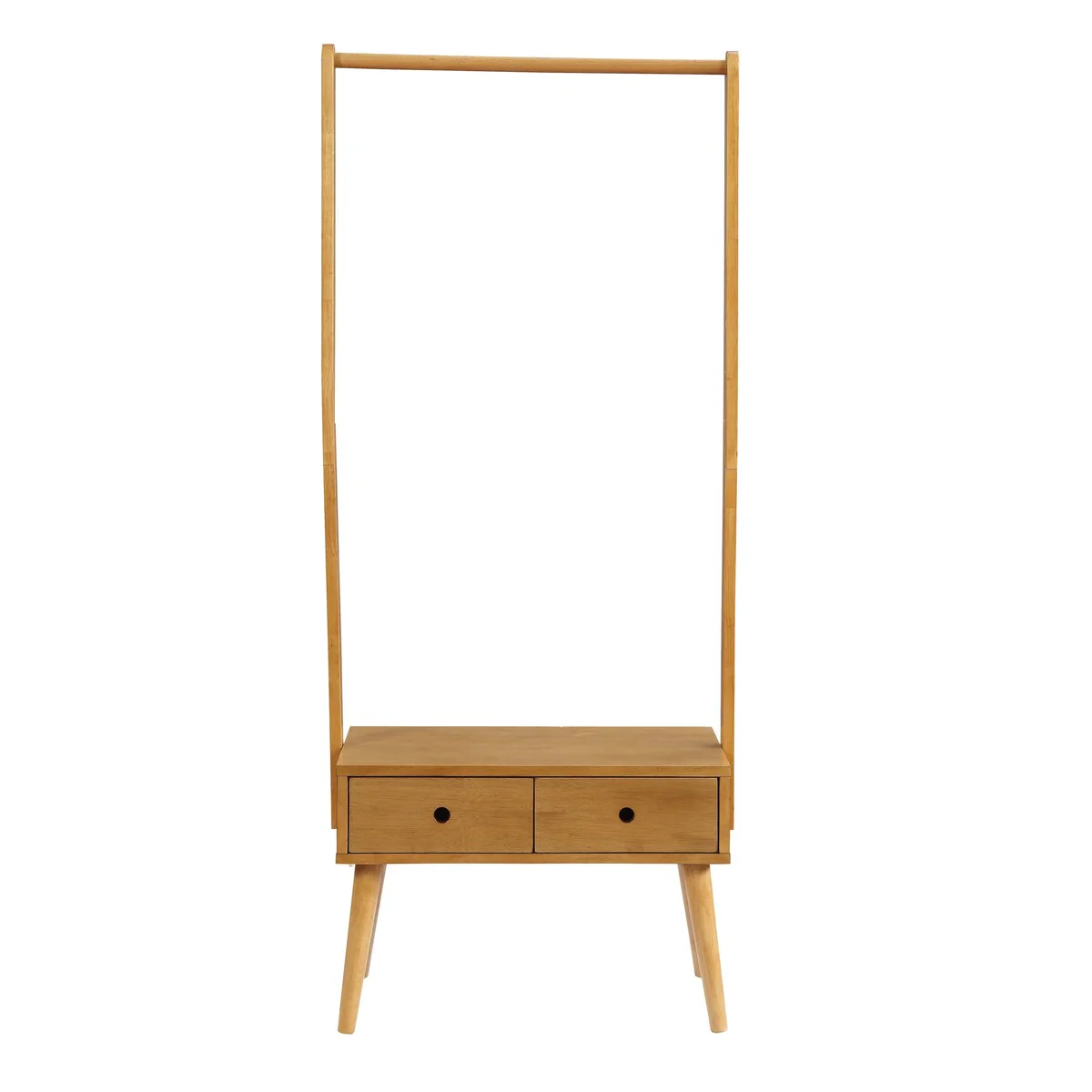 Wooden Coat Rack with 2 Drawers and Angled Tapered Legs, Brown