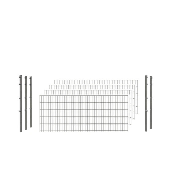 Doppelstabmattenzaun, anthrazit, 8/6/8 mm, Komplett-Set à 10 m, inkl. Pfosten, Flacheisenleiste