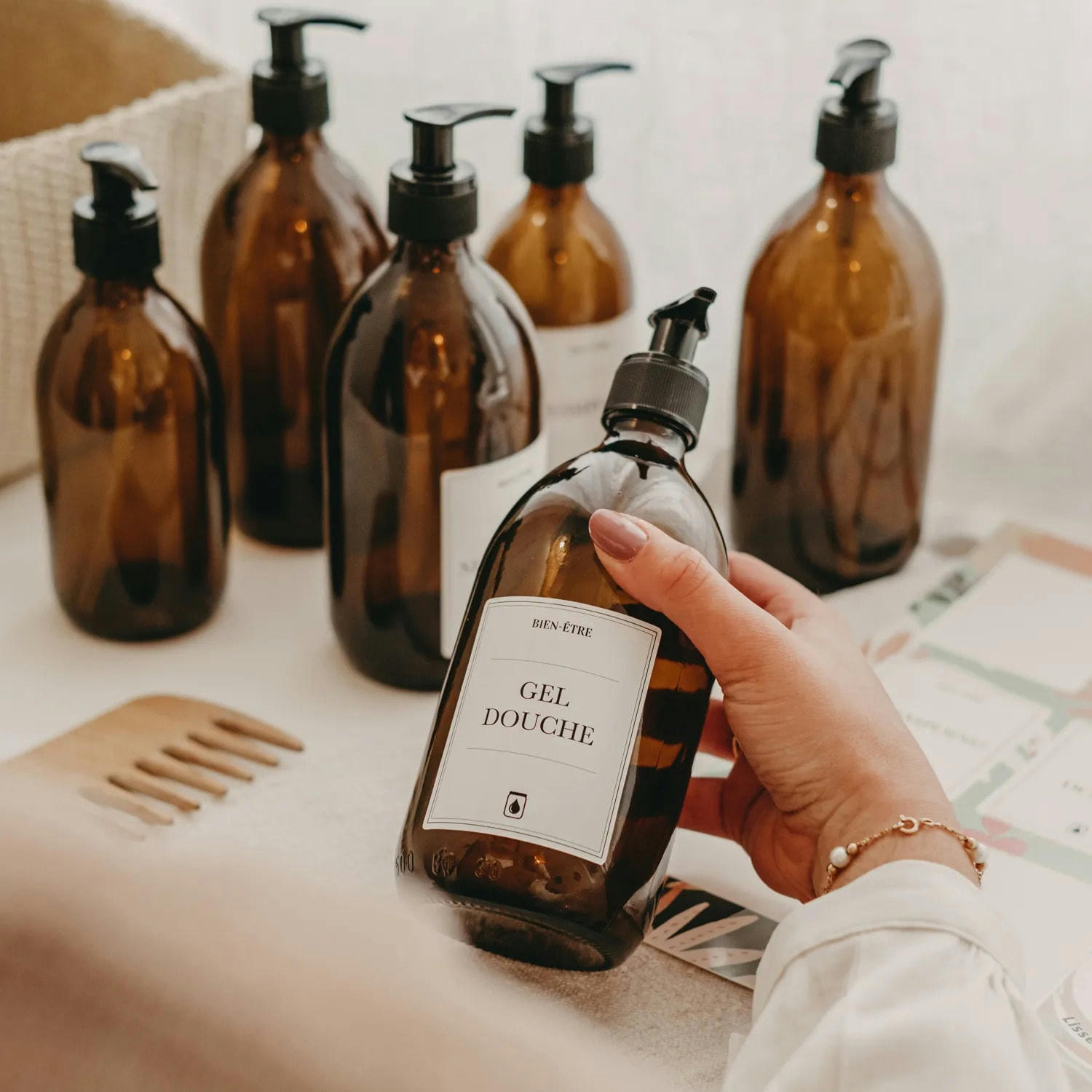 - Pack Bien-Être - flacons distributeurs verre ambré + étiquettes