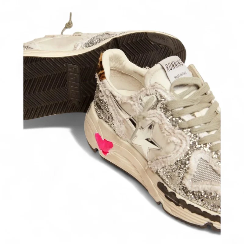 Running Sole sneakers in nylon and silver glitter with leopard-print pony skin heel tab