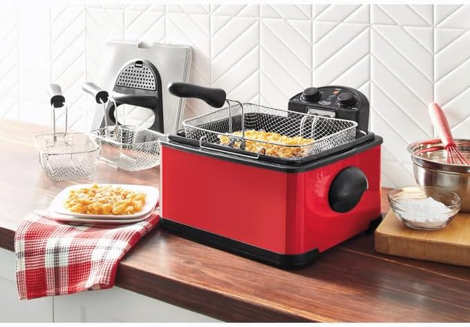 Montgomery Ward Ginny's Brand Deep Fryer with Timer - Kitchen Essentials, 3 Baskets, Built in Timer, Delicious Red, 4 Quart Tank