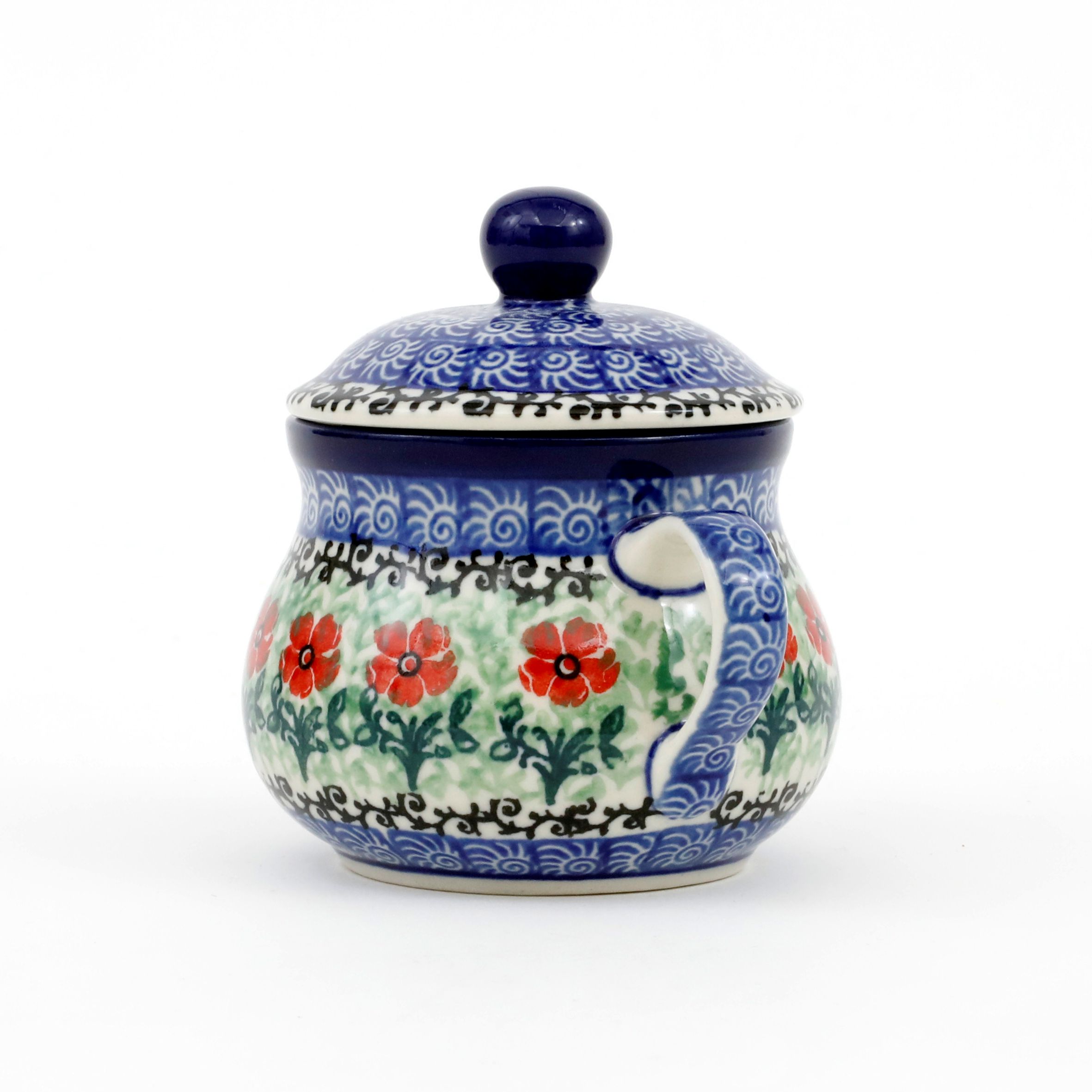 Cukiernica ceramiczna z uchwytami 035 h-9,5cm  1916X Czerwone kwiatuszki