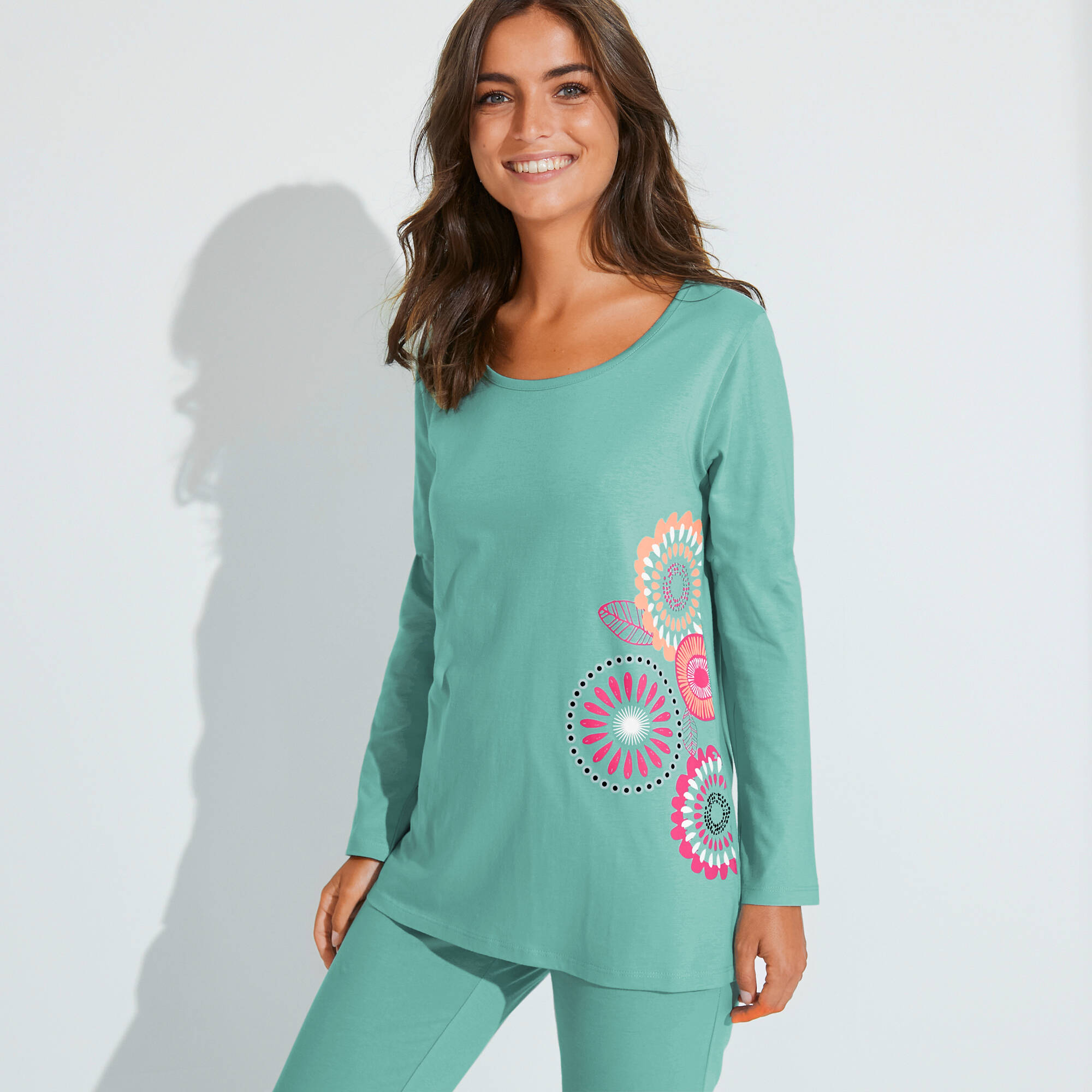 Pyjama manches longues imprimé rosaces - coton