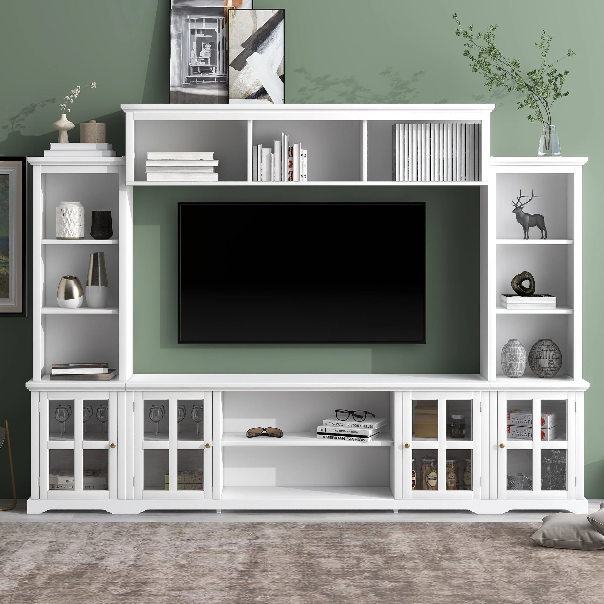 Entertainment Wall Unit with Bridge and Tempered Glass Door, TV Console Table for TVs up to 70