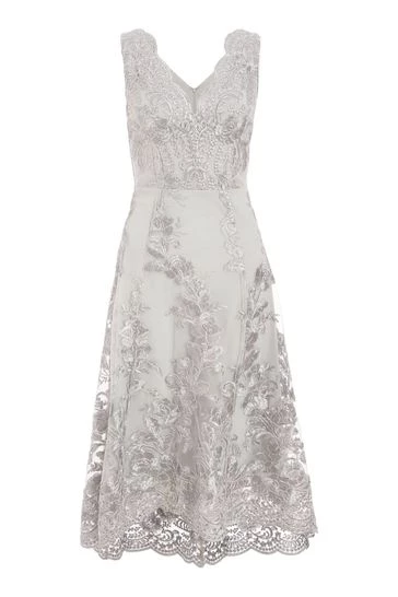 Quiz Grey Lace Bardot Dip Hem Dress