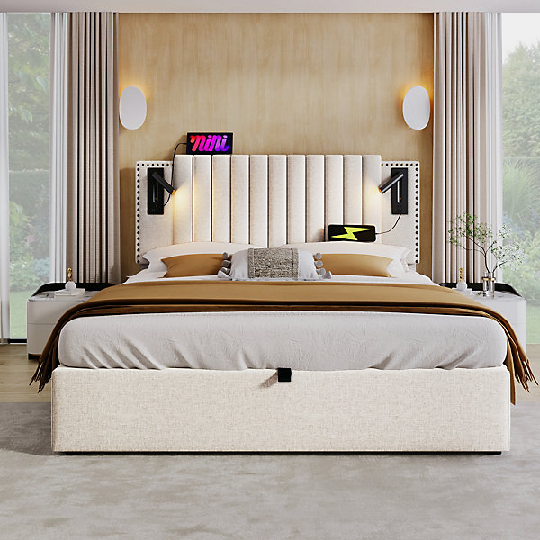 Lit Coffre - Lit Double 140x200 cm avec Rangement Hydraulique et Lampe de Lecture - Cadre en Coton - Beige - sans Matelas