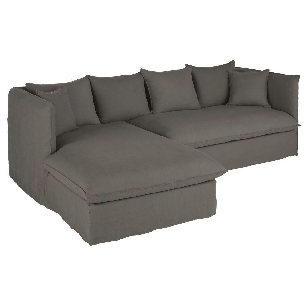 Louvain - Canapé d'angle gauche 3/4 places en lin supérieur gris