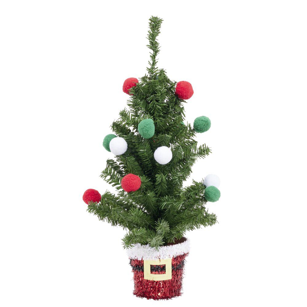 Sapin avec pompons vert rouge blanc et base façon guirlande Père No&euml;l H51cm