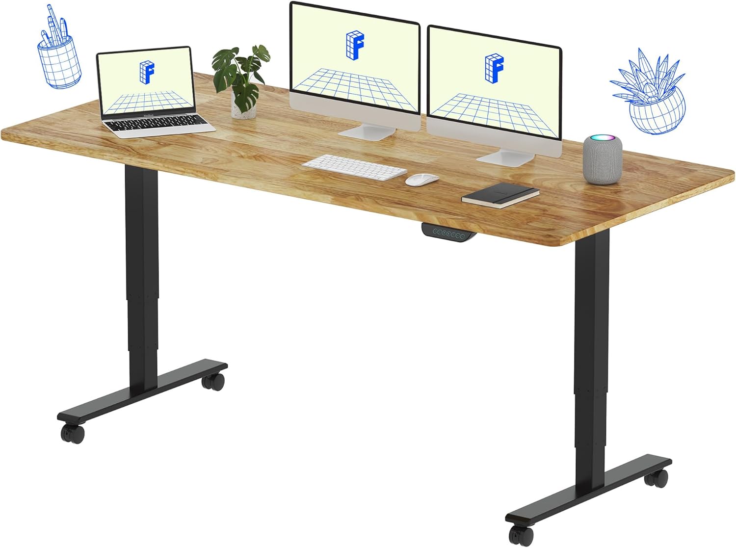 FLEXISPOT E6 MAX Solid Wood 71x30 Inch Dual Motor 3-Stage Heavy Duty Standing Desk, 330lbs Weight Capacity, Height Adjustable Desk w/Cable Management & Wheels(Butcher Block Rubberwood + Black Frame)