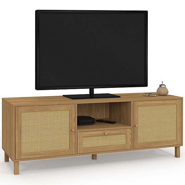 Meuble TV 140 cm vintage HANAE 3 portes effet naturel cannage
