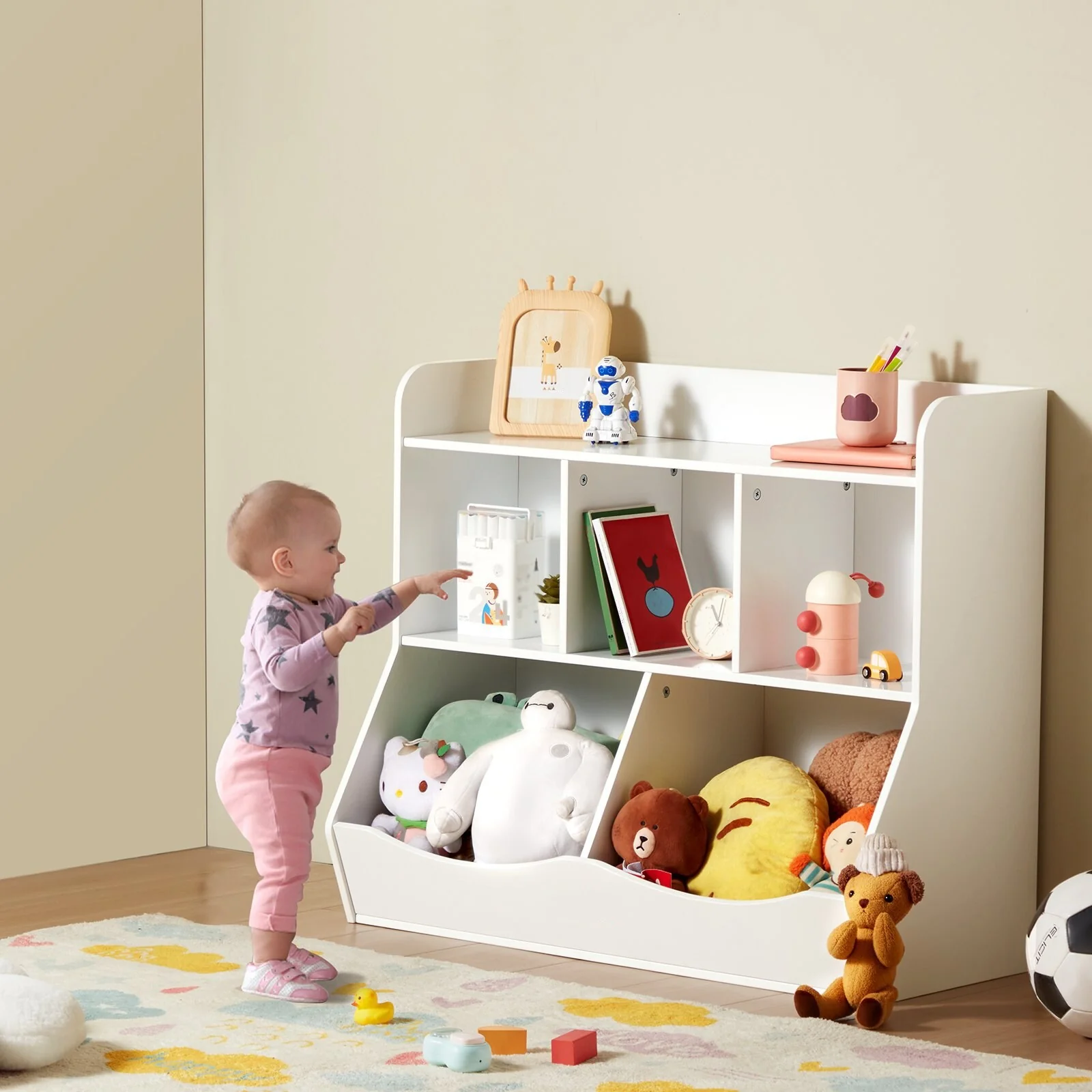 White Kid Toy Storage Cubby Organizer with Bookshelf and 5 Compartment Perfect for Nursery and Playroom - 35” × 16” × 30”