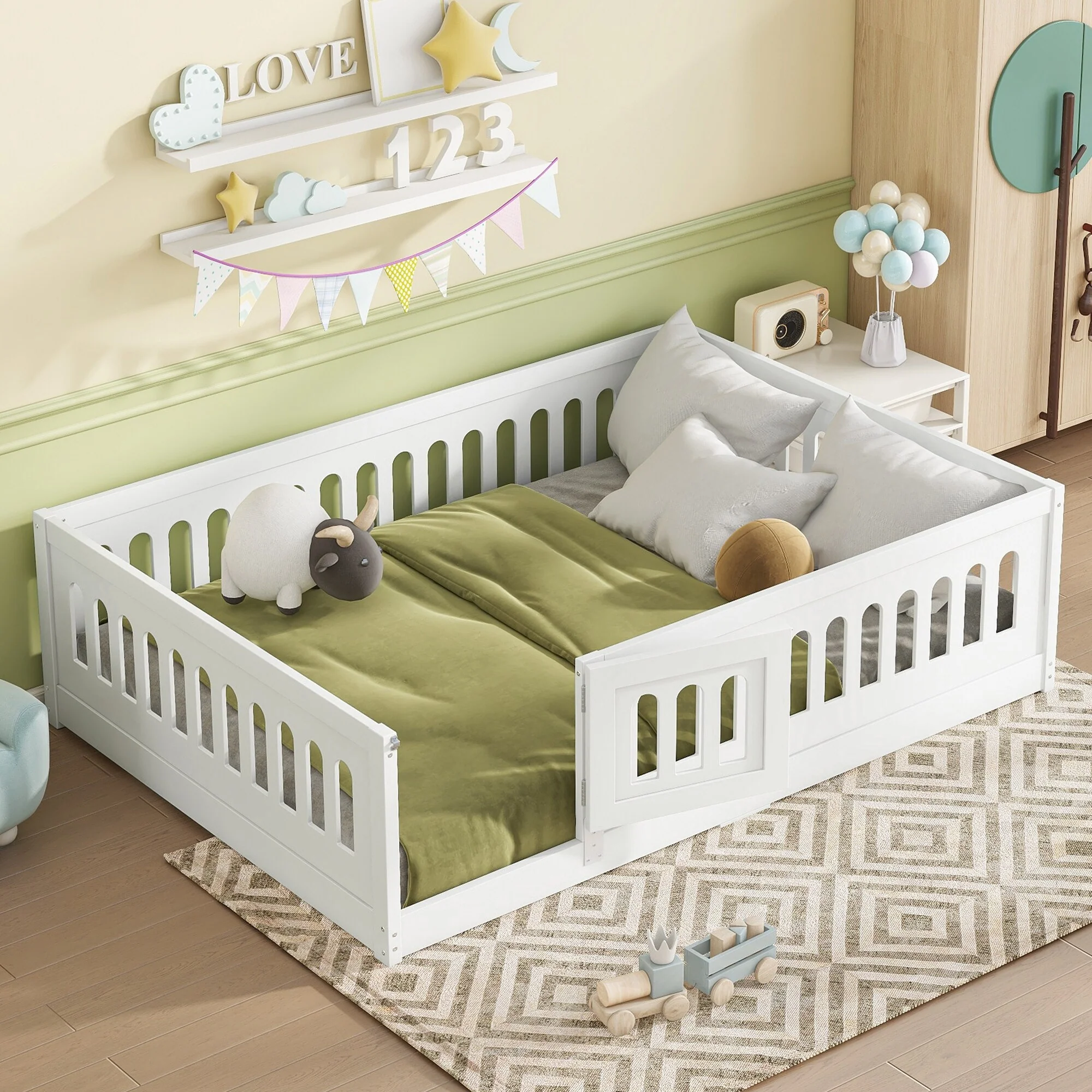 White Bed Frame Montessori Bed Twin Size Toddler Floor Bed with Guardrails and Door for Children Boys Girls Kids Playroom