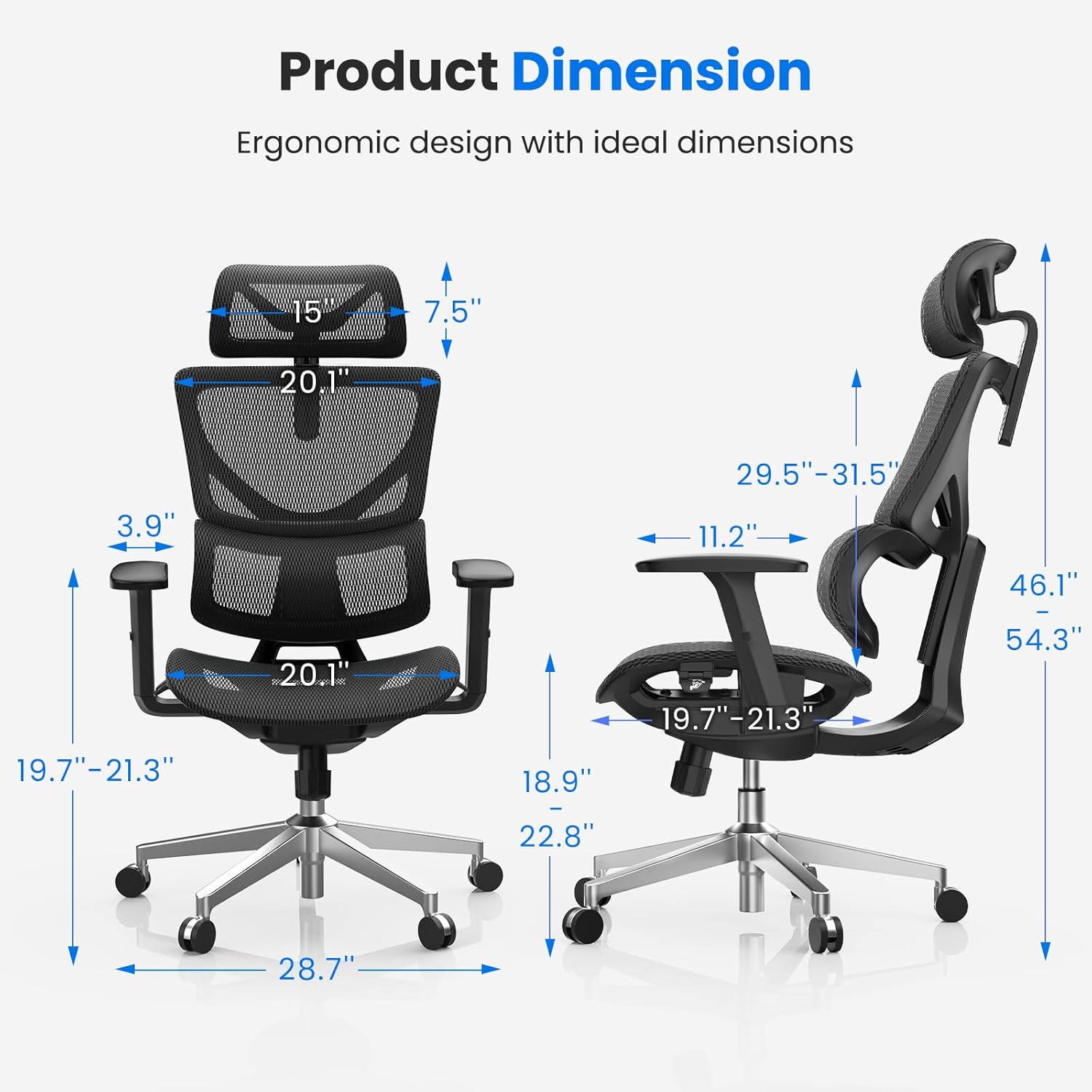 OdinLake L1 Ergo Upgrade 518 Black Ergonomic Mesh Office Chair – Big & Tall 350lbs, Dynamic Lumbar Support, Adjustable Height, Seat Depth, Headrest, Armrests, BIFMA Certified Desk Chair