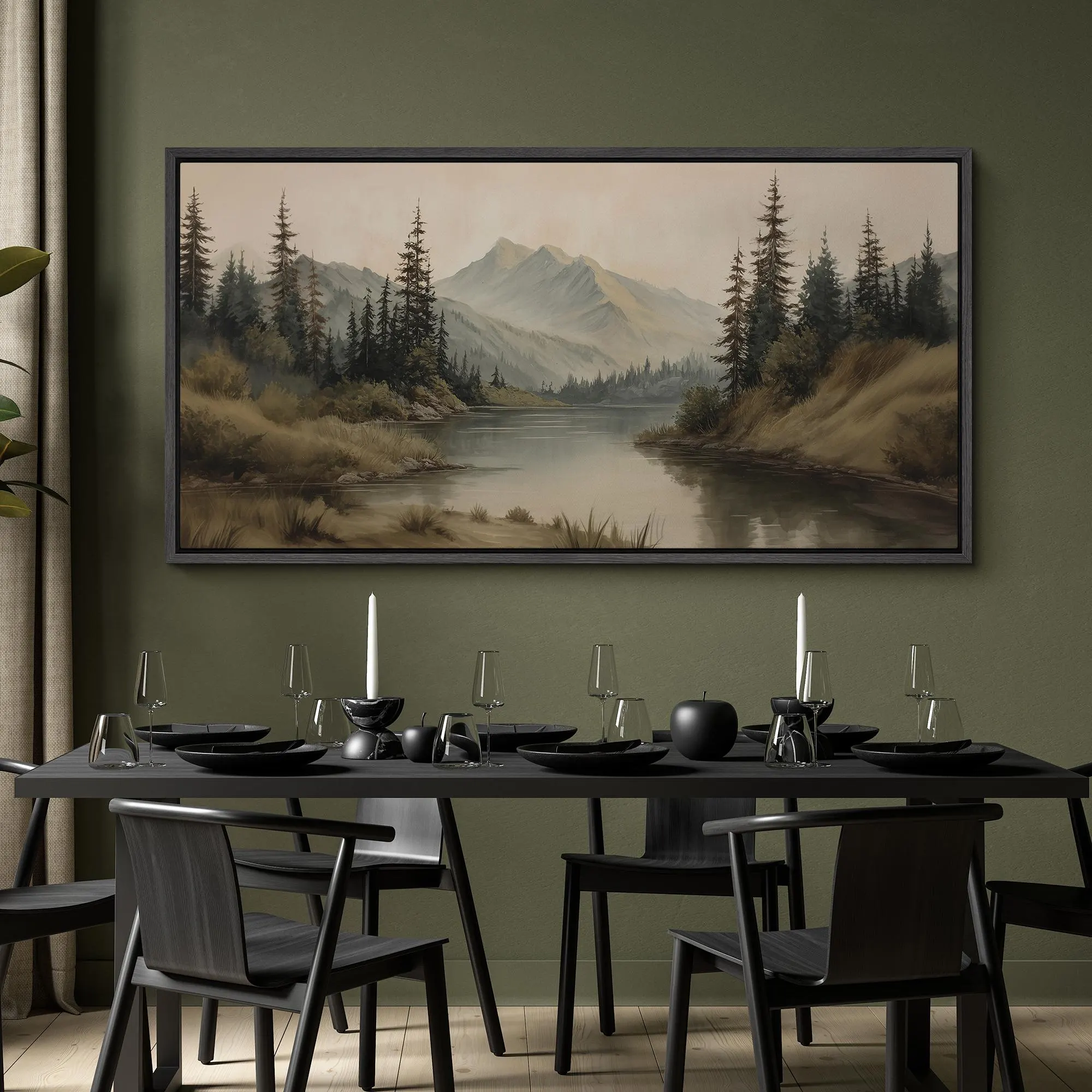 Large Framed Vintage Mountain Landscape Wall Art, Calm Lake Pine Tree Forest Canvas Print, Rustic Nature Decor for Living Room