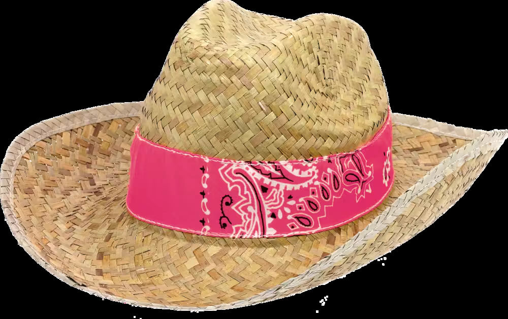 Western Cowboy Straw Hat with Bandana, Pink/Orange Assorted Colours, One Size, Wearable Costume Accessory for Halloween