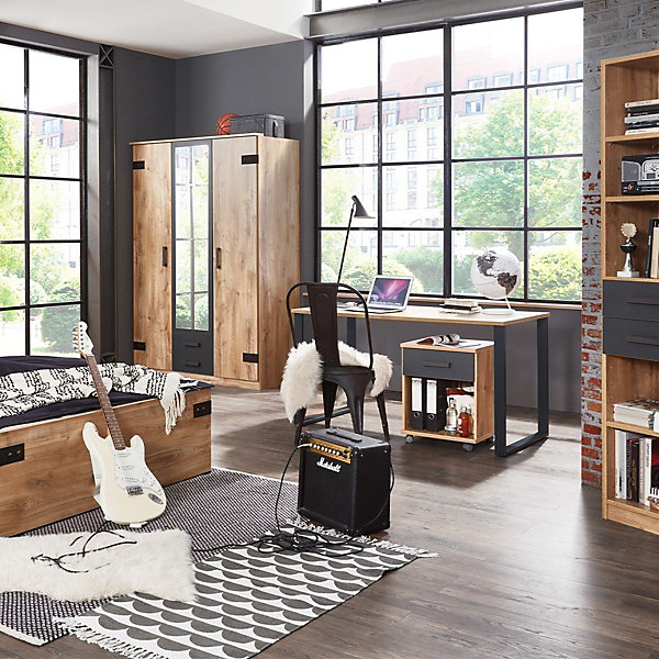 Armoire 2 portes décor chêne 1 porte miroir et 2 tiroirs - H198 cm