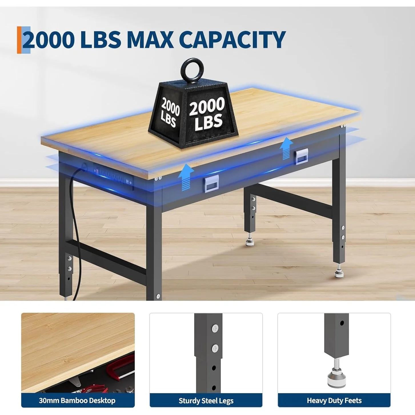 Workbench with Storage Drawers,48 Adjustable Desk, 28-40 Manual Height Workshop Table