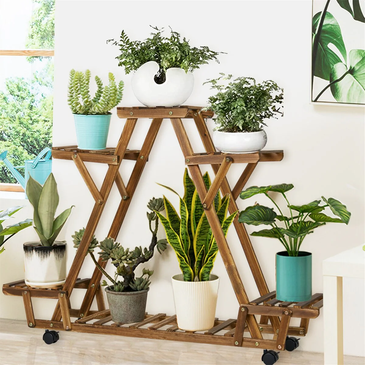 Movable Outdoor Ladder Plant Stand Garden Wood Rack with 6 Tiers