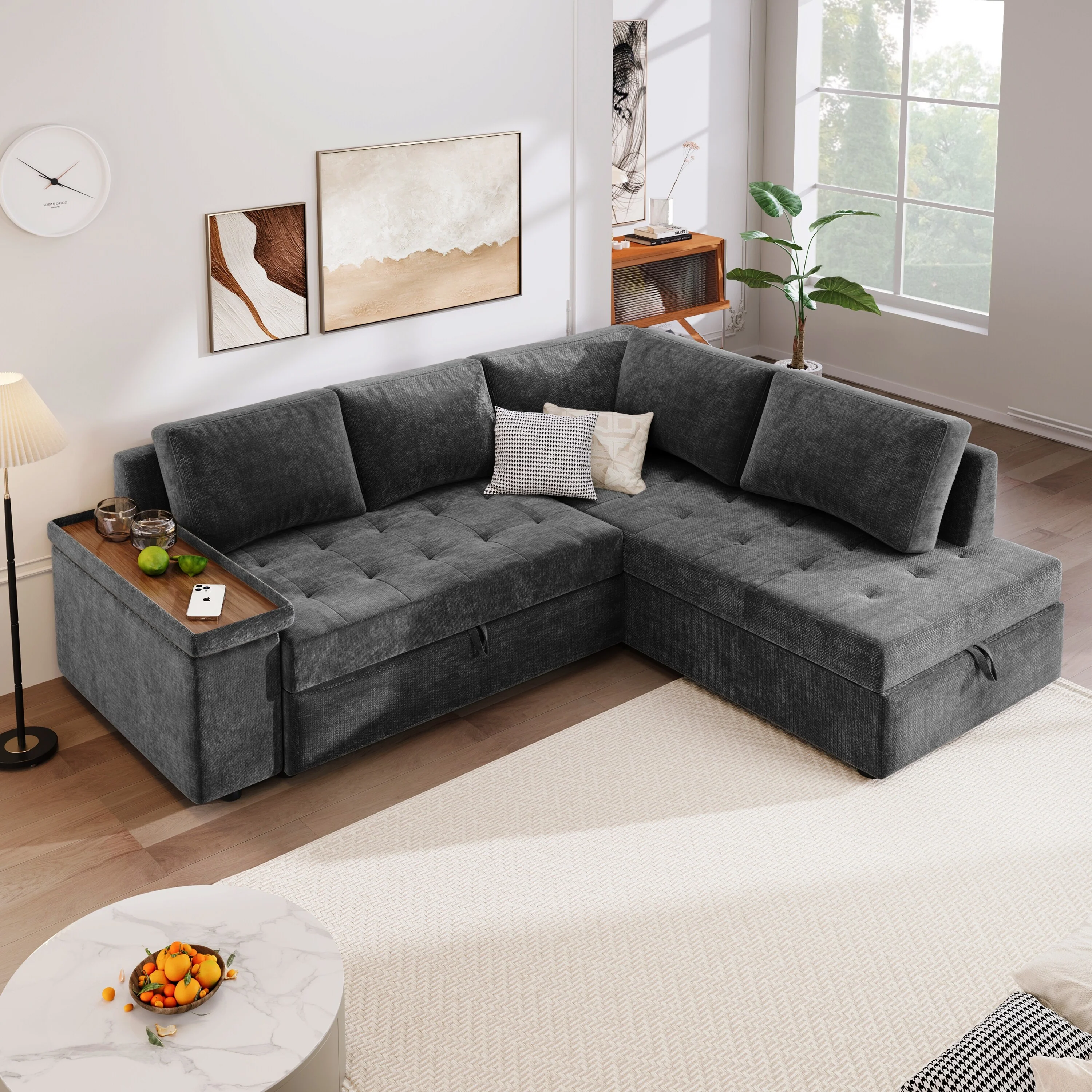 Modern Couch for Living Room, L Shaped Upholstered Sofa, Pull-Out Sleeper Bed Sectional Sleeper Sofa with Hidden Storage