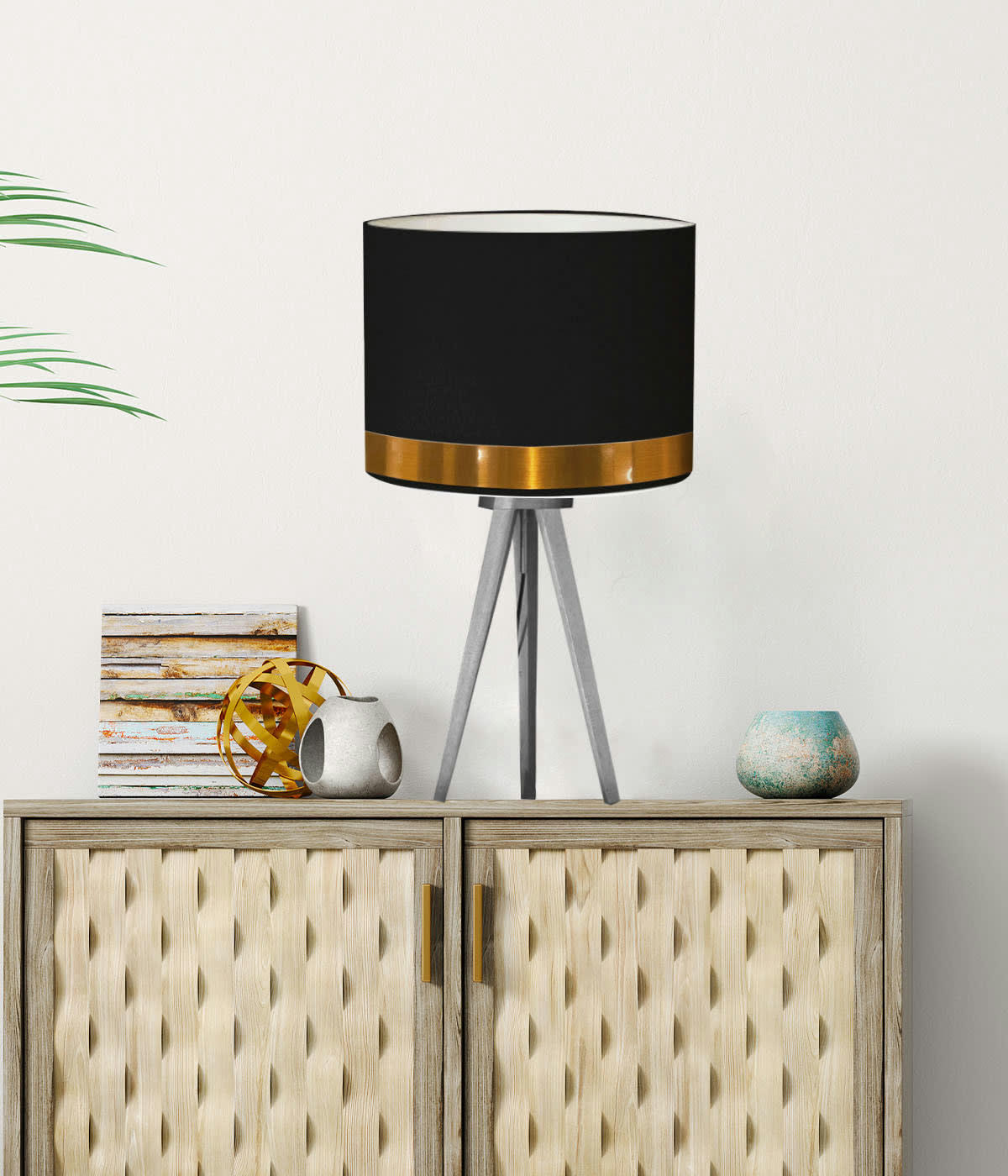 JONC - Abat-jour pour chevet rond noir jonc cuivre D: 25 x H: 20