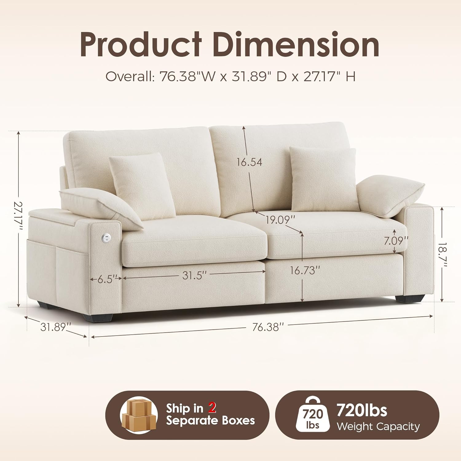 76.38'' Modern Loveseat Sofas for Living Room, 2 Seats Sectional Sofa Couch with USB/Type-C Charging Port & Side Storage Removable Cover, Easy Assembly for Small Spaces- Beige