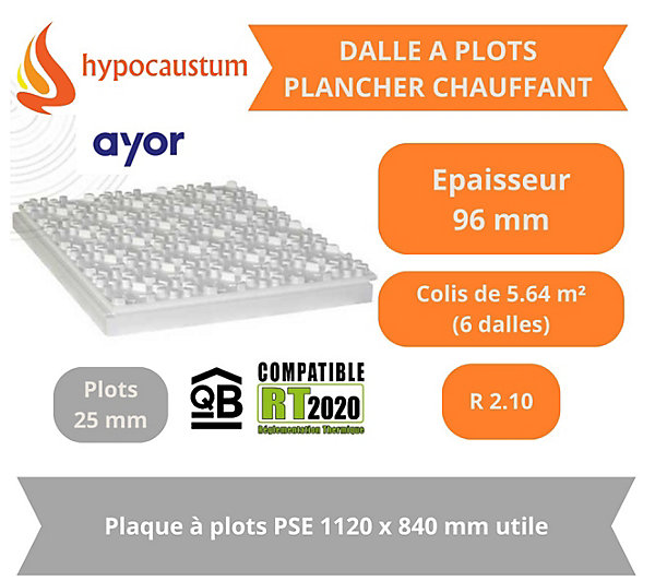 Dalle à plots pour Plancher chauffant 1120x840 mm Epaisseur 96 mm (71 isolant   25 plots) R2.10 Paquet de 5.64 m²