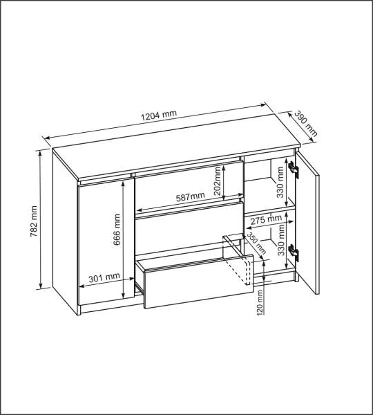 Komoda 2 drzwi 3 szuflady 120cm czarna