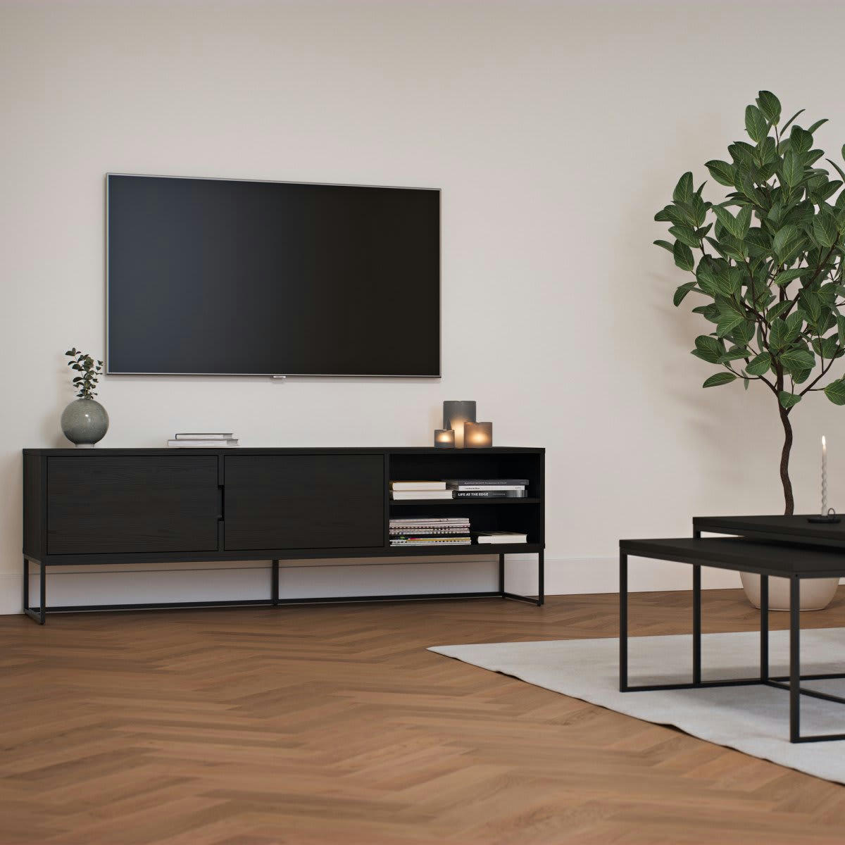 LOGO - Meuble TV 176cm 2 portes en bois et métal noir