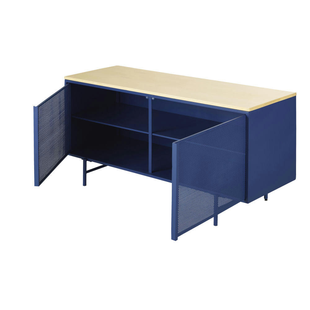 Dely - Buffet bas 2 portes en bois de peuplier et métal bleu