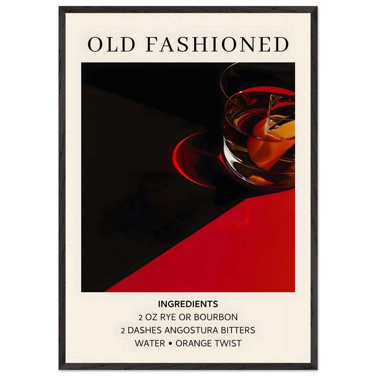 Artfulprints Poster met Lijst Old Fashioned cocktail - Ingrediënten  - 70x100 cm - Zwart
