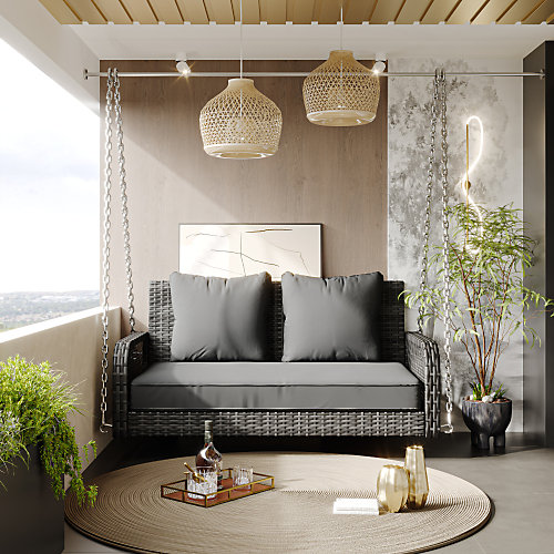 Balancelle de jardin 2 places avec coussins - Fauteuil suspendu en résine tressée - Gris