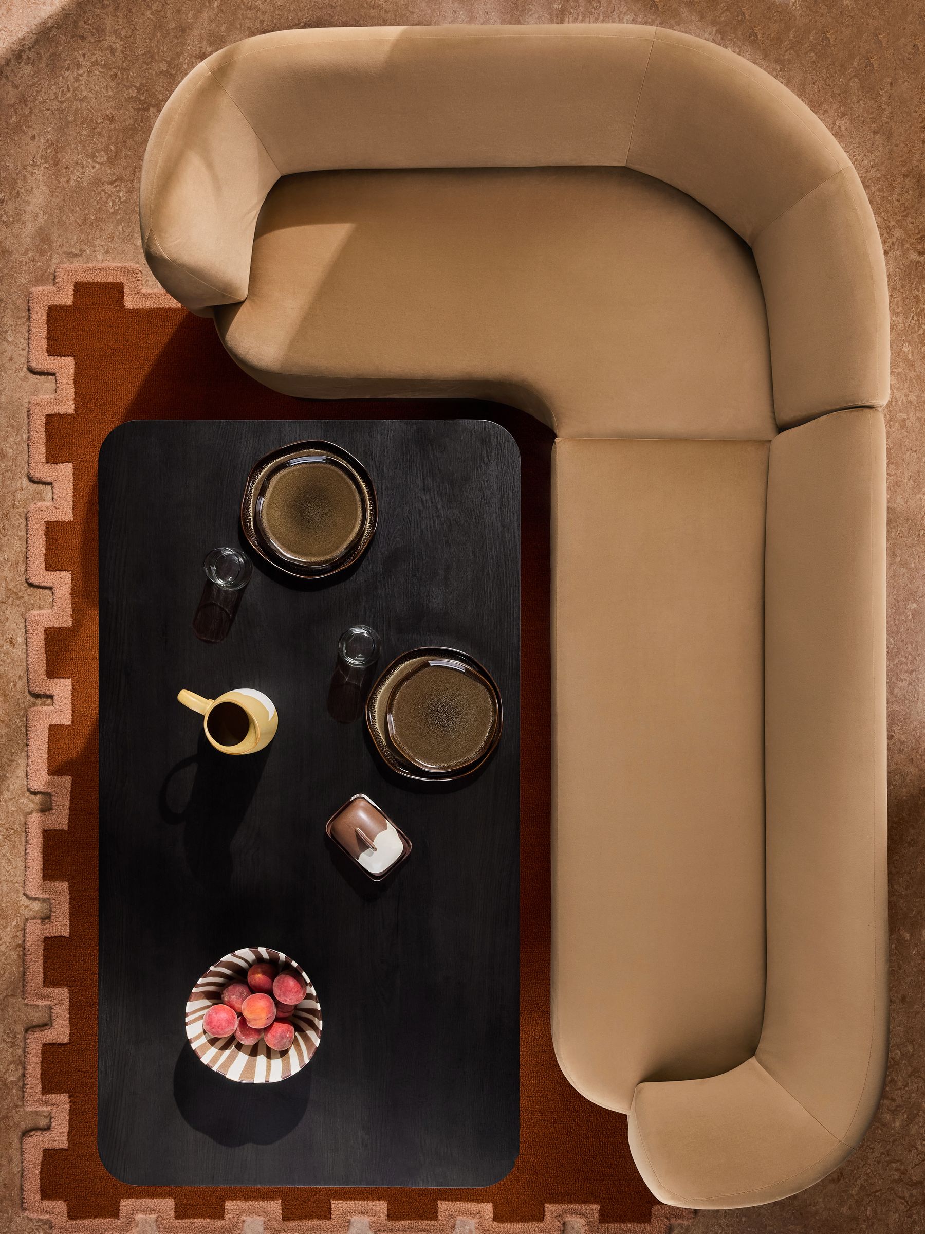 Left Hand Corner Corner Bench and Dining Table Set in Caramel Brown Velvet