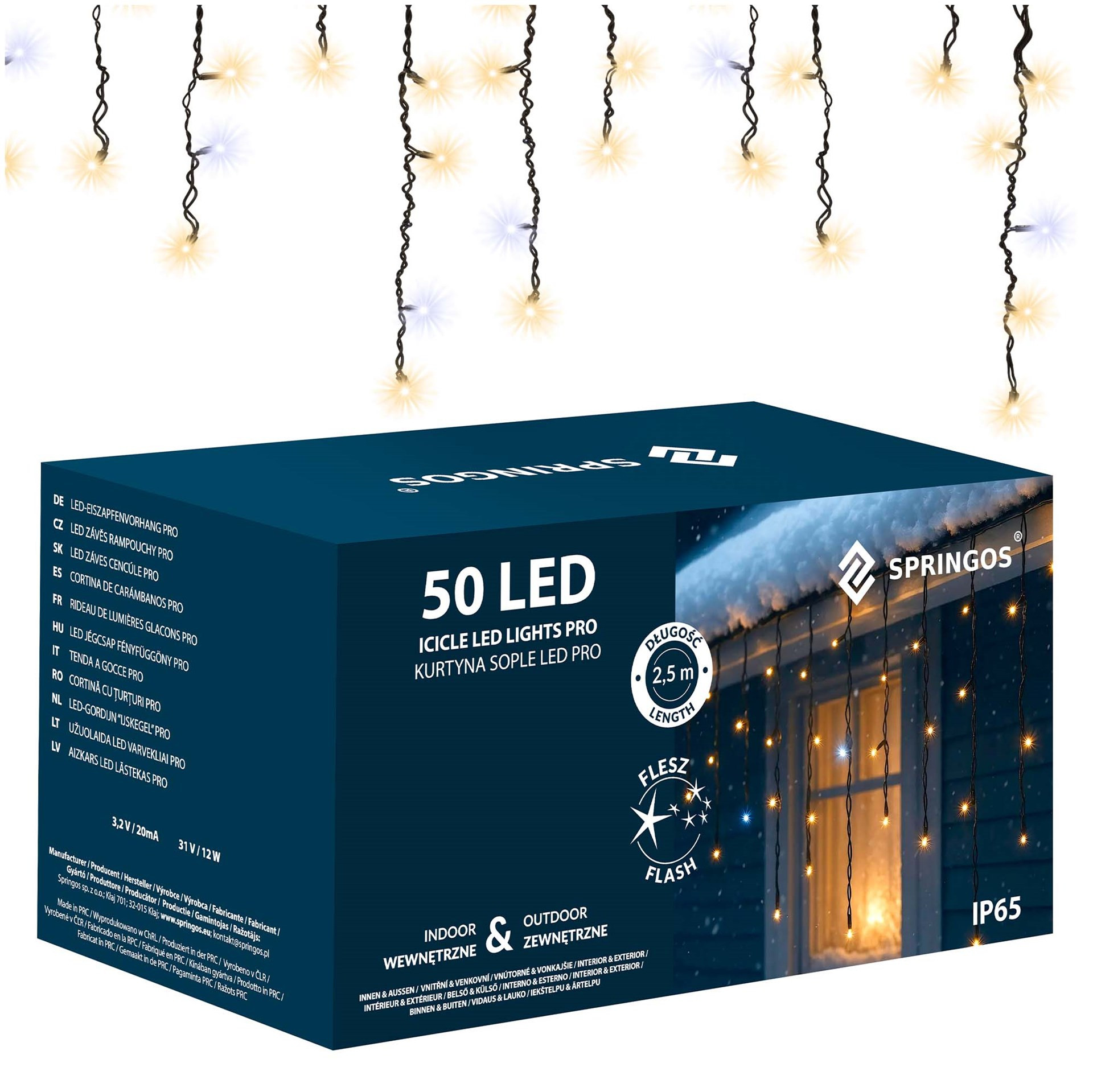 Kurtyna świetlna, sople 2,5 m lampki zewnętrzne 50 Led ciepły biały