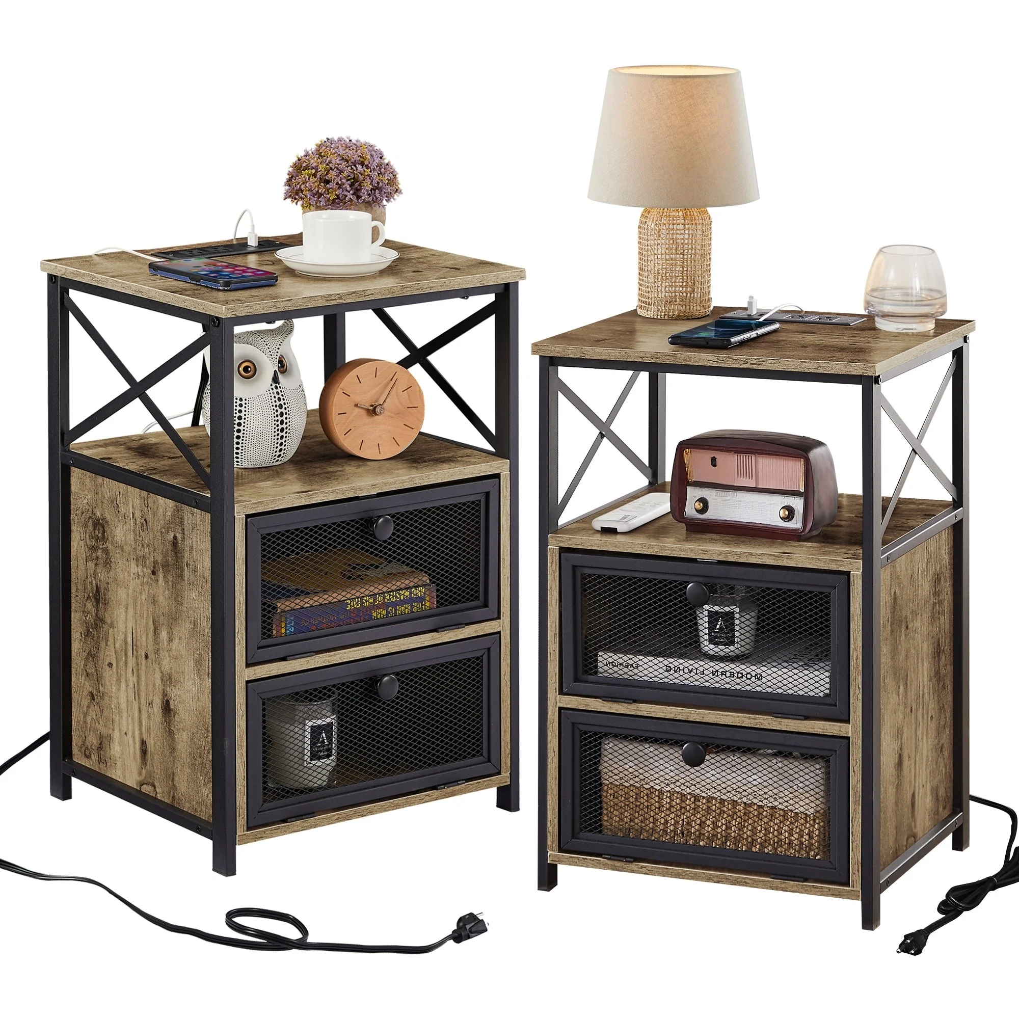 Nightstand with Charging Station, Small Night Stand with Storage Drawers and Shelf, Bedside Table with USB Ports & Outlets